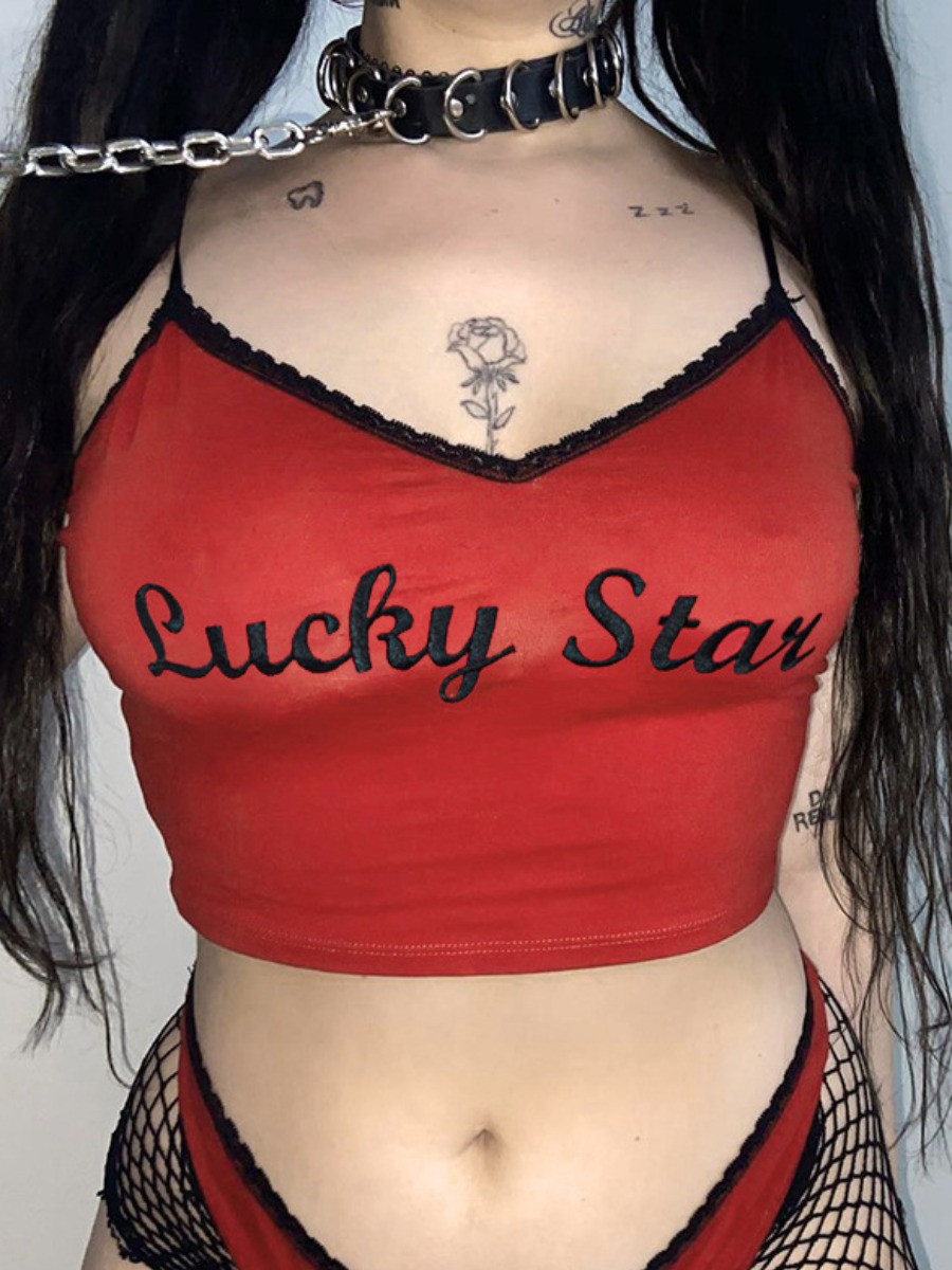 

Lovely Street Letter Print Patchwork Red Camisole