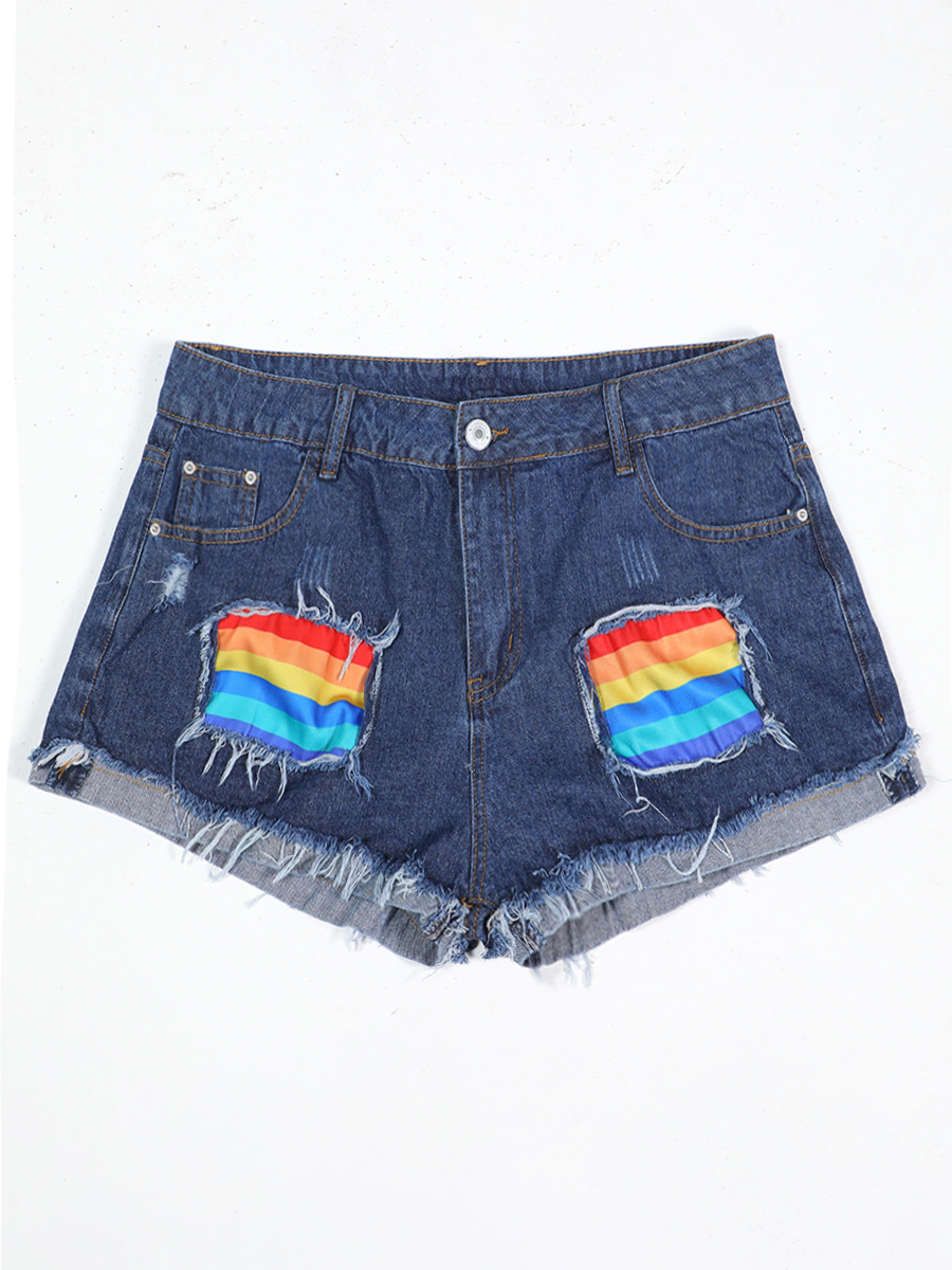 

Lovely Casual Striped Raw Edge Blue Plus Size Denim Shorts