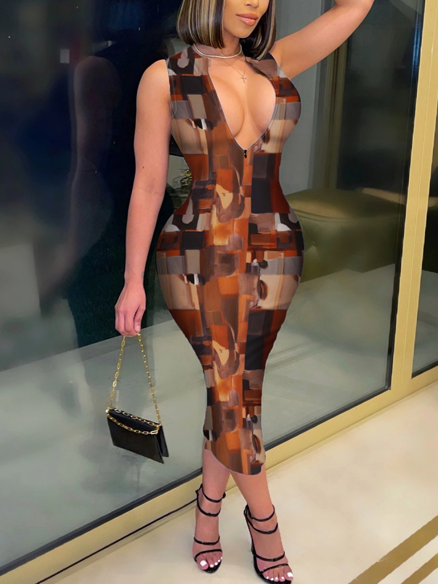 

Lovely Street V Neck Print Brown Mid Calf Dress