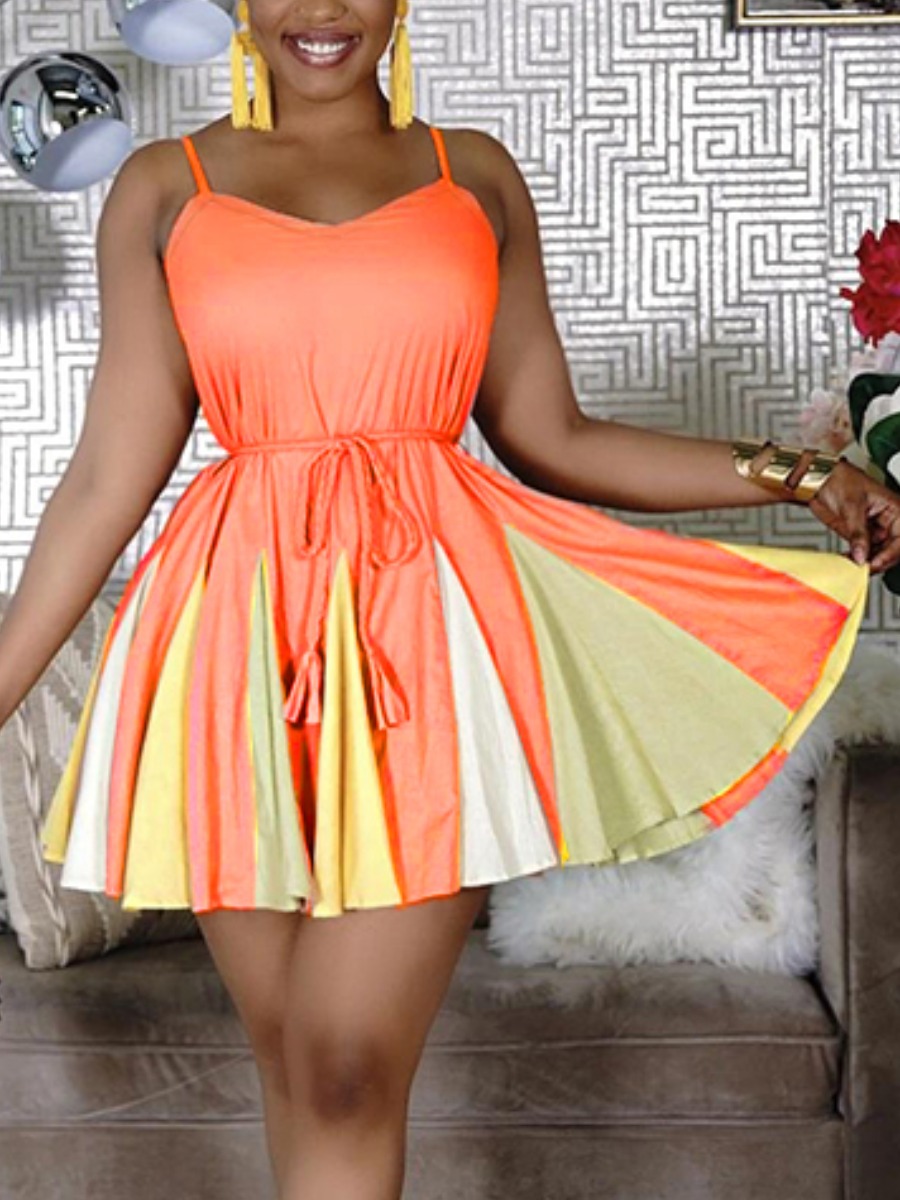 

Lovely Sweet Color-lump Flounce Design Orange Knee Length A Line Dress