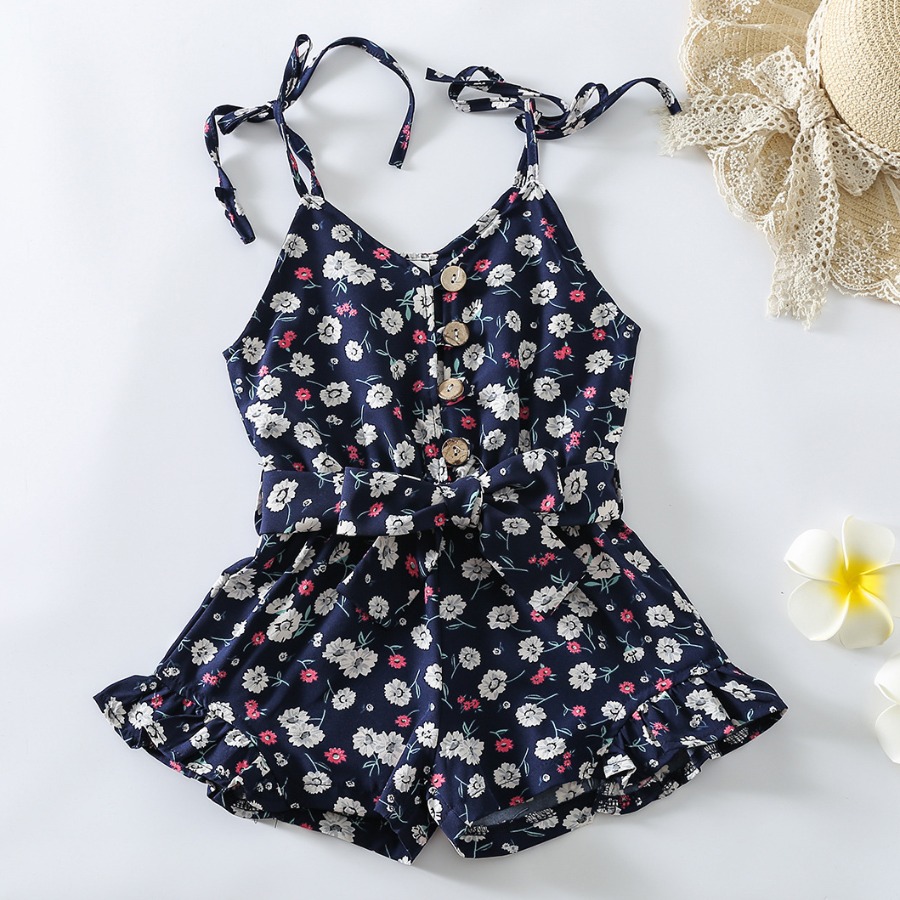 

Lovely Girl Casual Floral Print Ruffle Bandage Design Dark Blue One-piece Romper