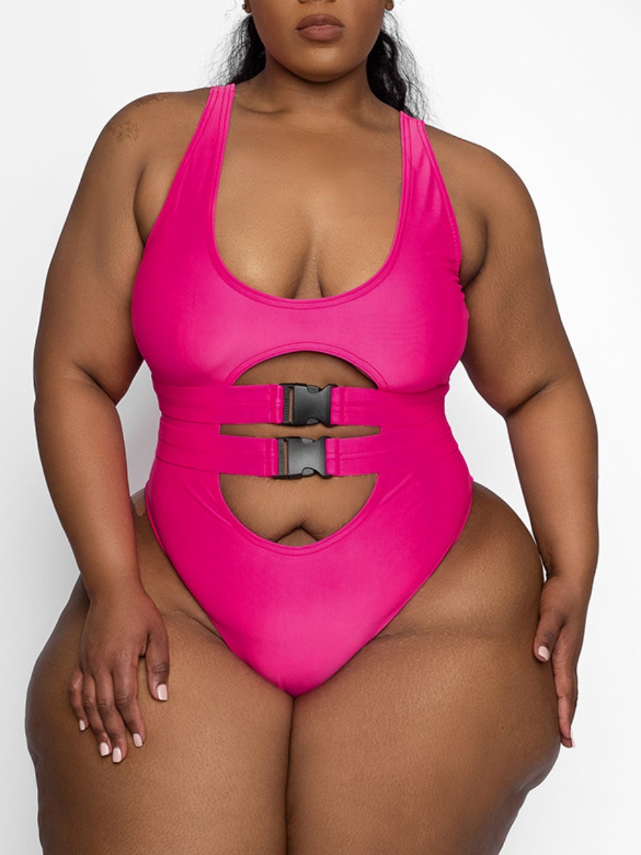 

LW Plus Size Cut Out Buckle Design One-piece Swimsuit, Rose red