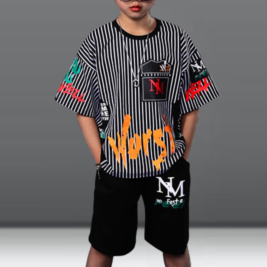 

Lovely Boy Street Letter Print Striped Black Two Piece Shorts Set