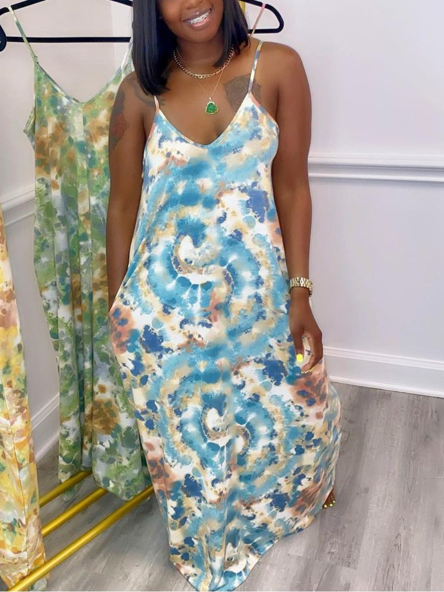 

LW Boho V Neck Tie-dye Blue Floor Length Dress