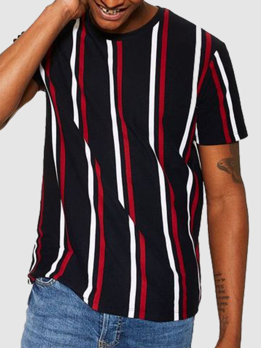 

Lovely Men Casual O Neck Striped Black T-shirt