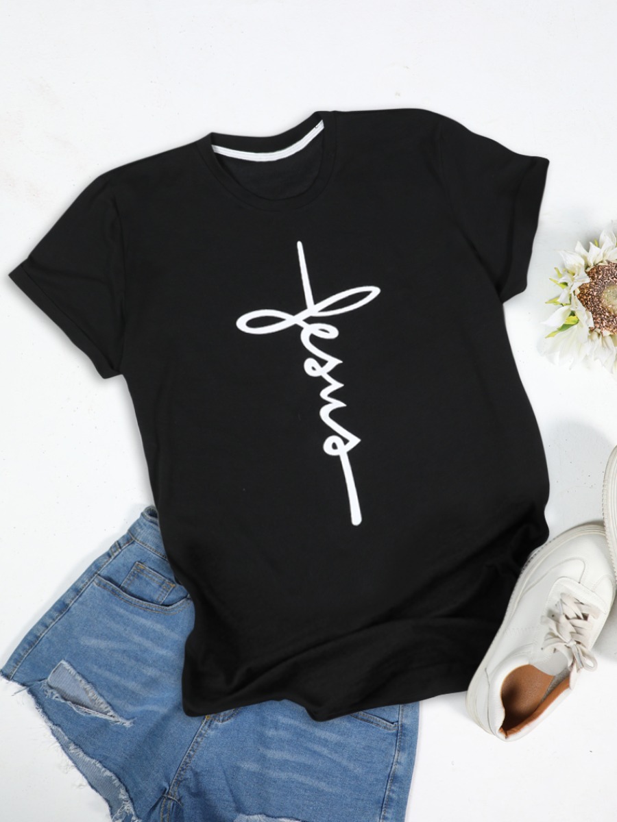 

Lovely Casual O Neck Letter Black Plus Size T-shirt