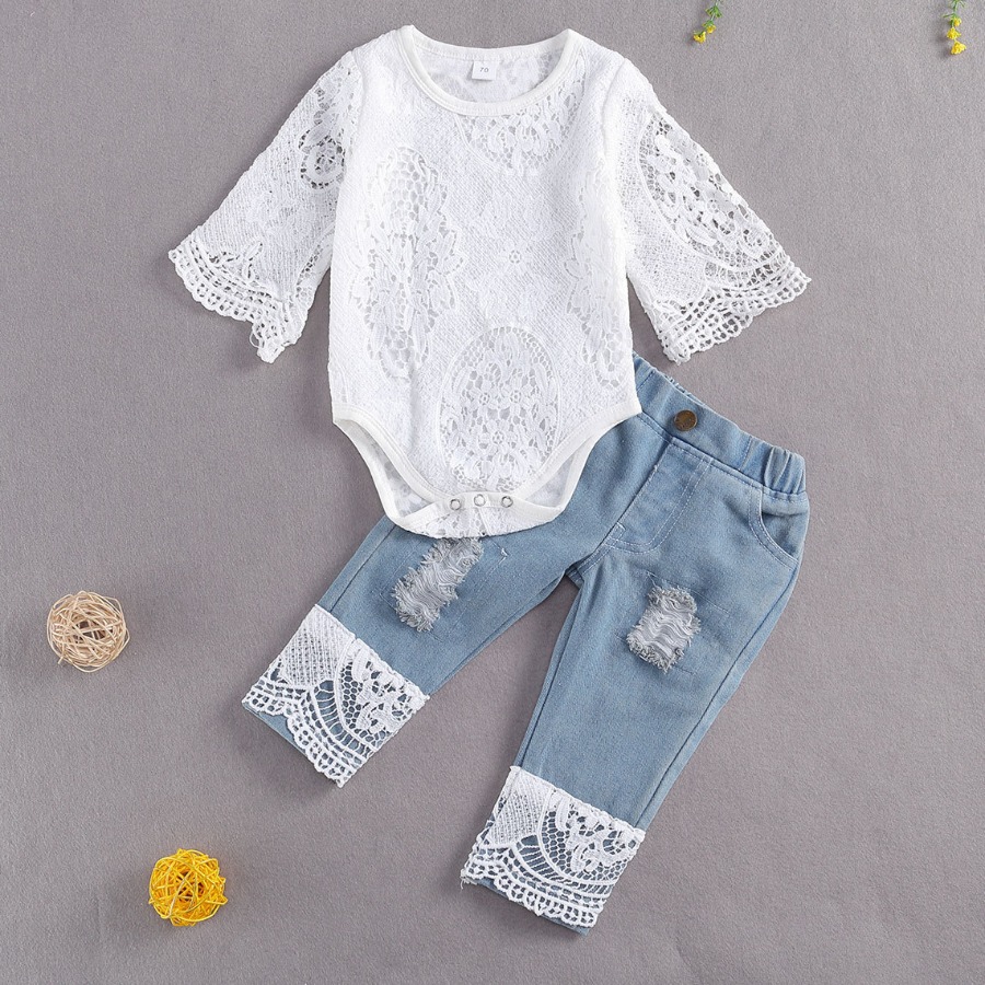

Lovely Girl Casual See-through Ripped White Two Piece Pants Set