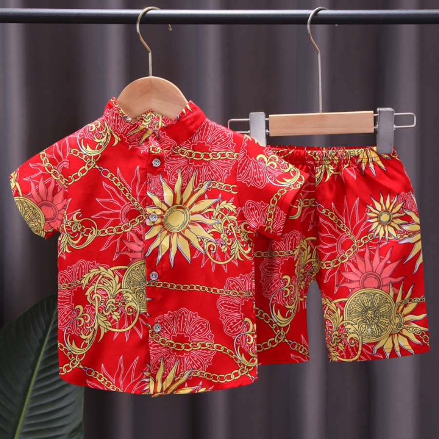 

Lovely Boy Boho Floral Chain Print Red Two Piece Shorts Set