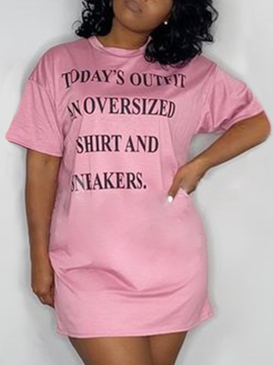 

Lovely Casual O Neck Letter Print Pink Mini Plus Size Dress