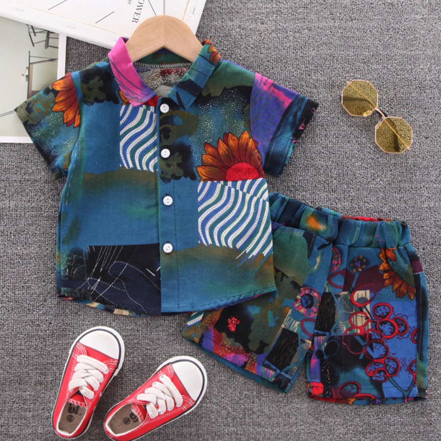 

Lovely Boy Street Floral Print Patchwork Blue Two Piece Shorts Set
