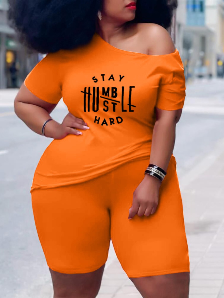 

Lovely Casual O Neck Letter Print Orange Plus Size Two-piece Shorts Set