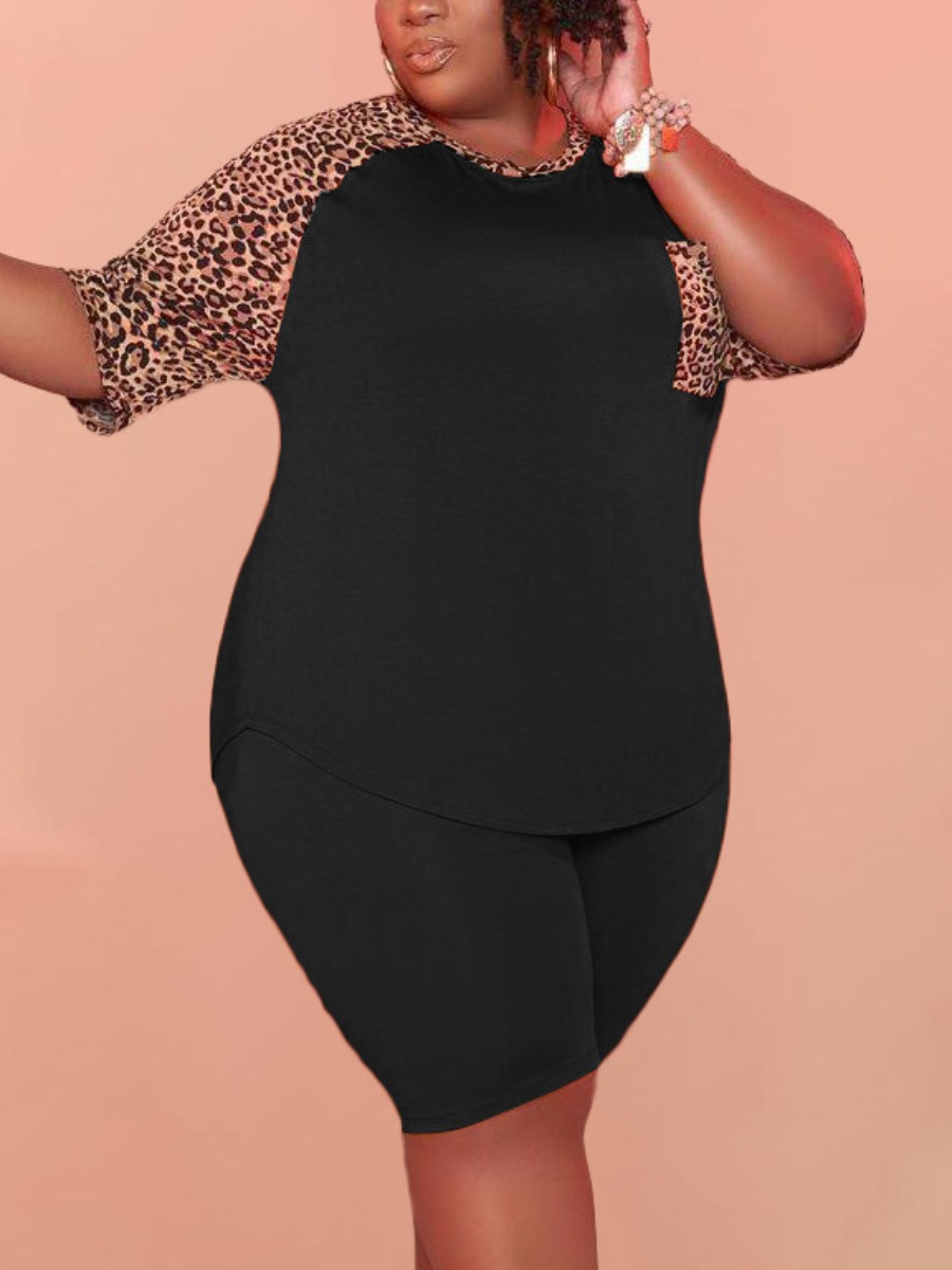 

Lovely Casual O Neck Leopard Print Black Plus Size Two-piece Shorts Set
