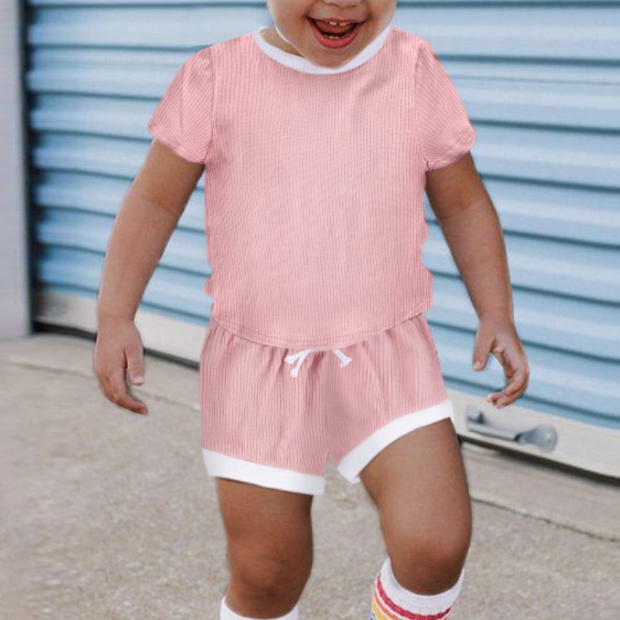 

Lovely Girl Sporty Rib-Knit Drawstring Pink Two Piece Shorts Set