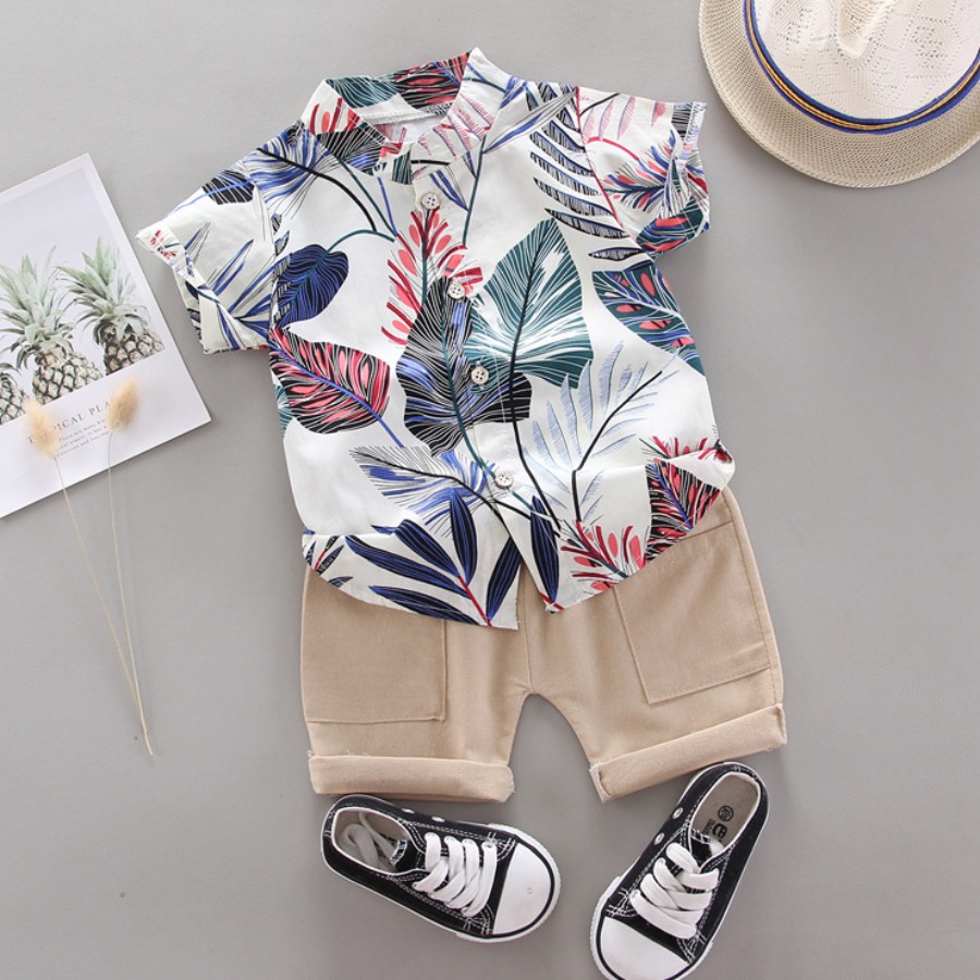 

Lovely Boy Boho Mandarin Collar Floral Print White Piece Shorts Set