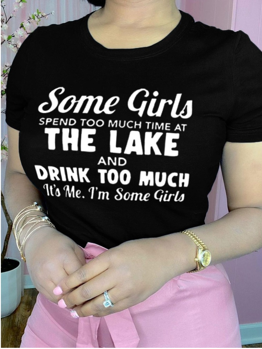 

Lovely Casual O Neck Letter Print Black Plus Size T-shirt