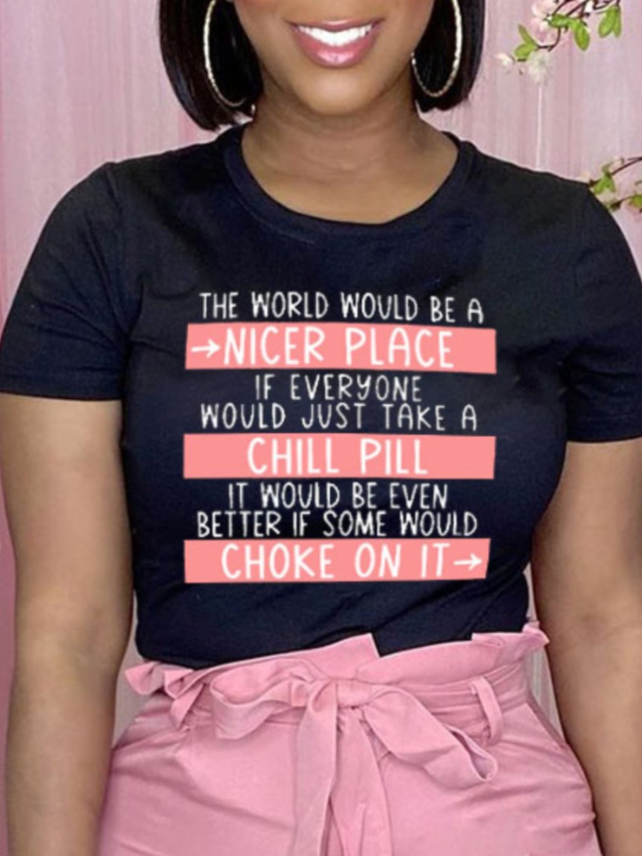 

Lovely Casual O Neck Letter Print Black Plus Size T-shirt