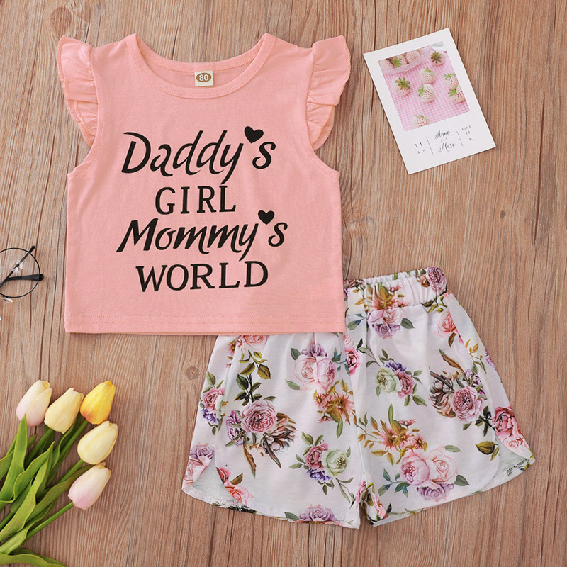 

Lovely Girl Sweet Floral Letter Print Ruffle Design Pink Two Piece Shorts Set