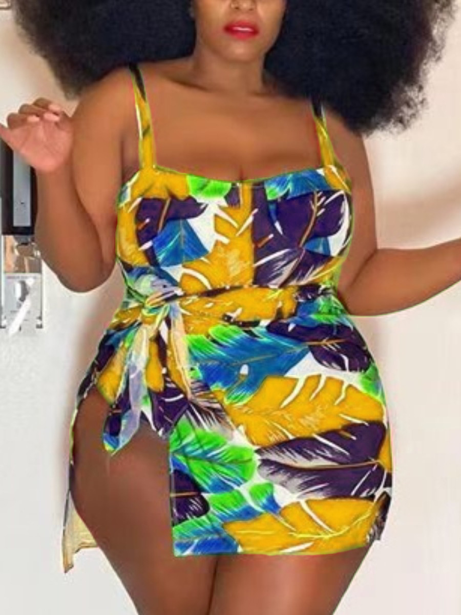 

LW Plus Size Floral Print One-piece Swimsuit (With Cover-up), Yellow
