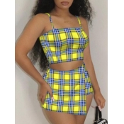 Lovely Casual Plaid Print Patchwork Lemon Yellow T