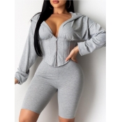 Lovely Trendy Zipper Design Grey Two-piece Shorts 