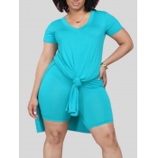 LW Plus Size Casual O Neck Split Blue Two-piece Sh