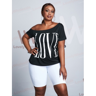 

LW Plus Size Casual Boat Neck Letter Print Black T-shirt