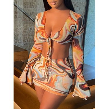 

LW SXY Print Flared Bandage Design Orange Two Piece Skirt Set