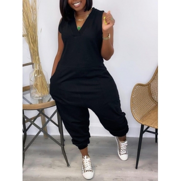 

LW Plus Size Casual V Neck Pocket Design Black One-piece Jumpsuit