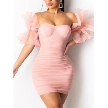 

LW Sweet Ruched Mesh Flounce Design Pink Mini Dress