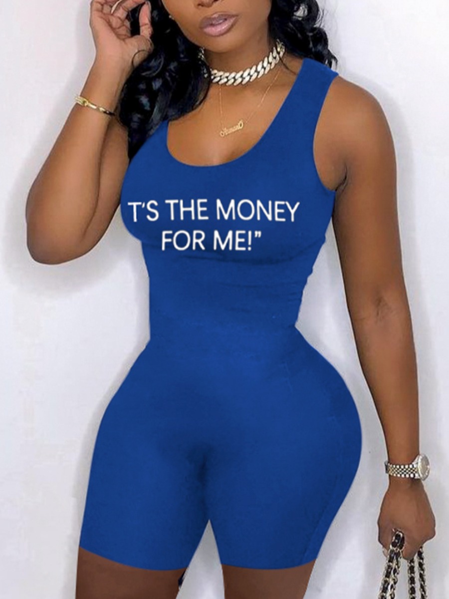 

LW BASICS Casual U Neck Letter Print Blue One-piece Romper