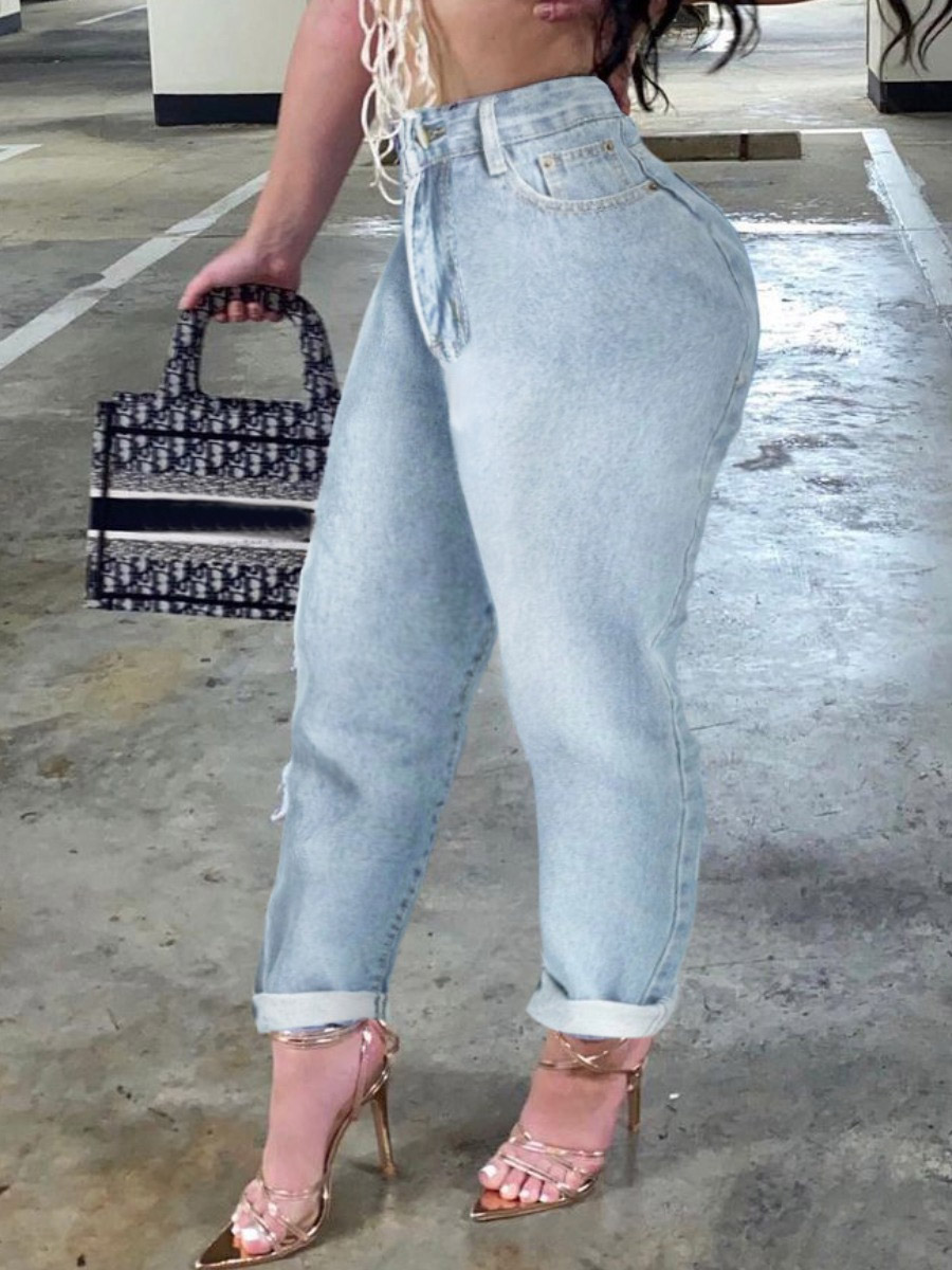 

Lovely Casual High-waisted Nonelastic Baby Blue Jeans