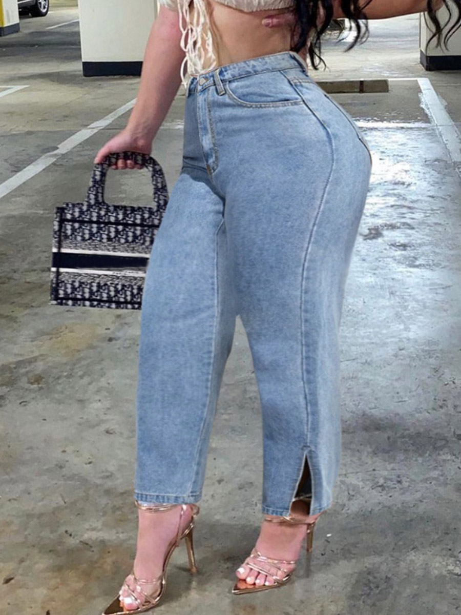 

LW Casual High-waisted Split Baby Blue Jeans