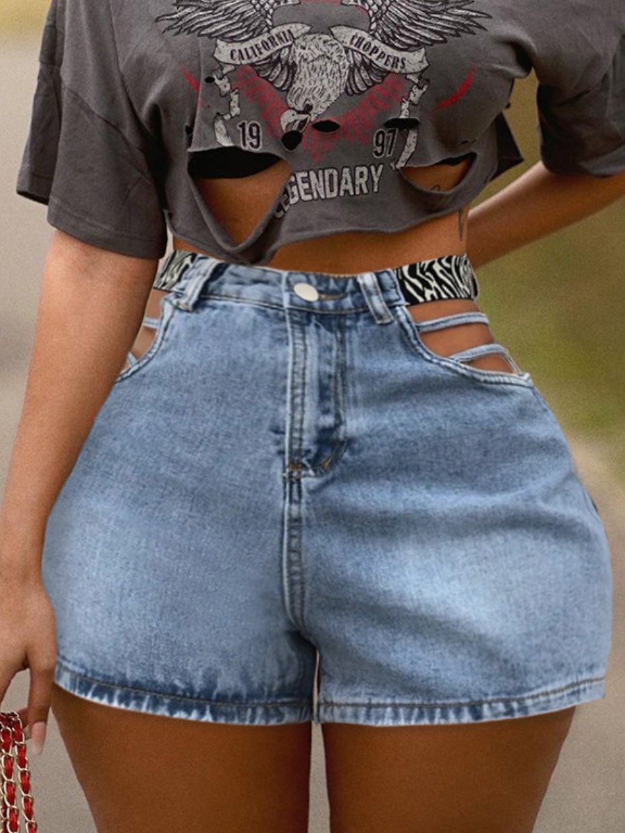 

Lovely Street Bandage Hollow-out Design Baby Blue Denim Shorts