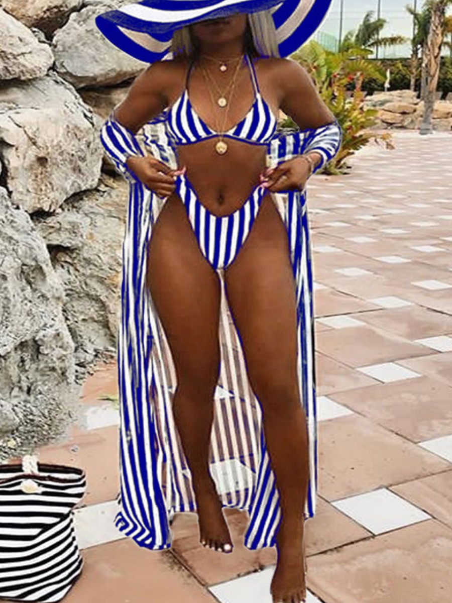 

Lovely Boho Striped Patchwork Blue Three-piece Swimsuit