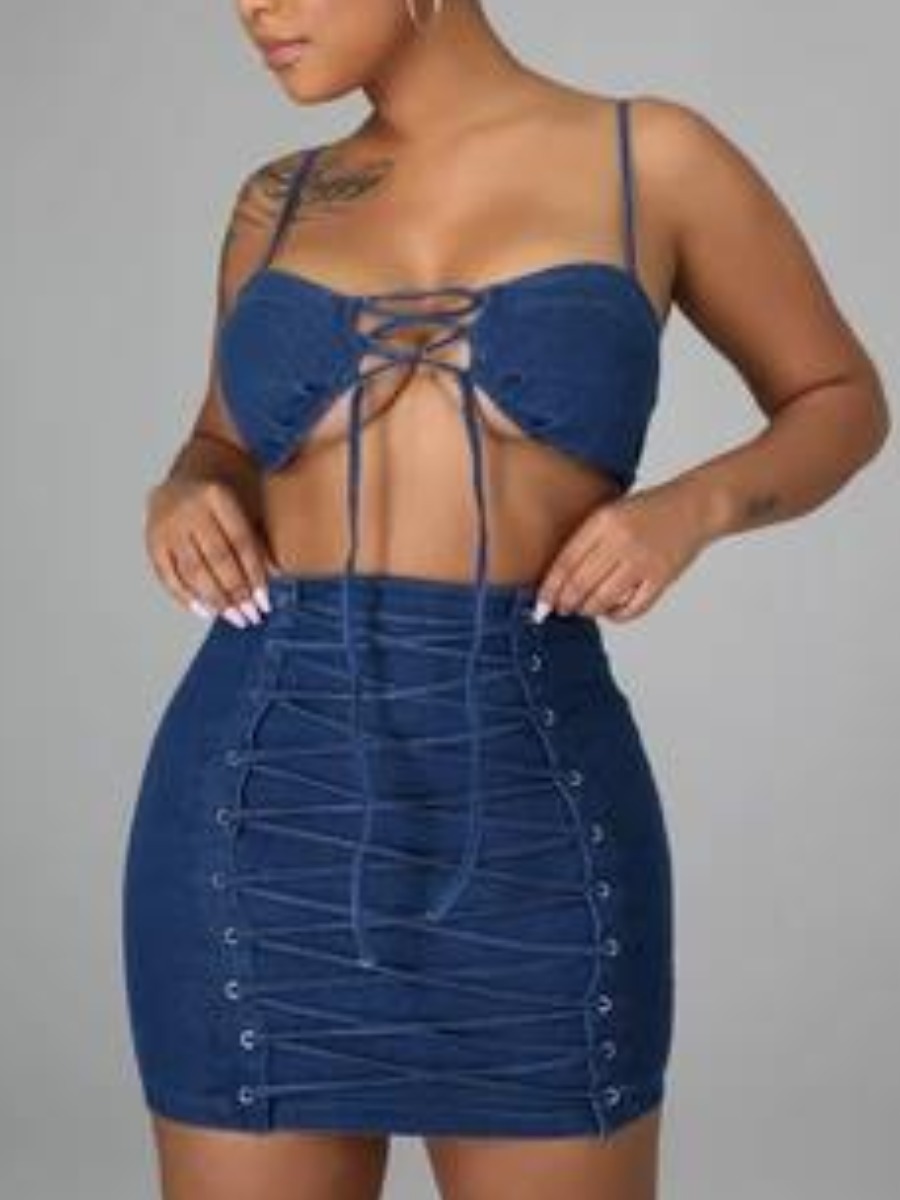 

Lovely Sexy Backless Bandage Design Deep Blue Denim Two Piece Skirt Set
