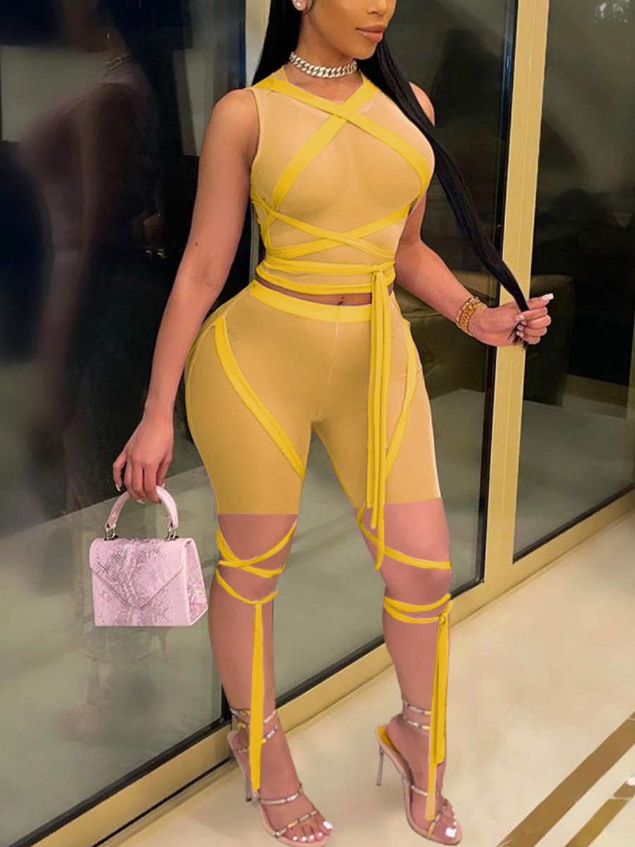 

Lovely Sexy See-through Bandage Design Yellow Two Piece Shorts Set