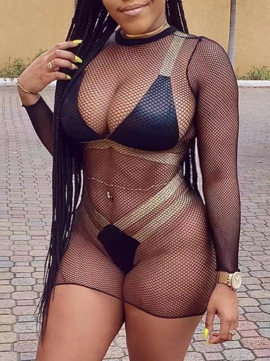 

Lovely Boho O Neck See-through Black Three-piece Swimsuit