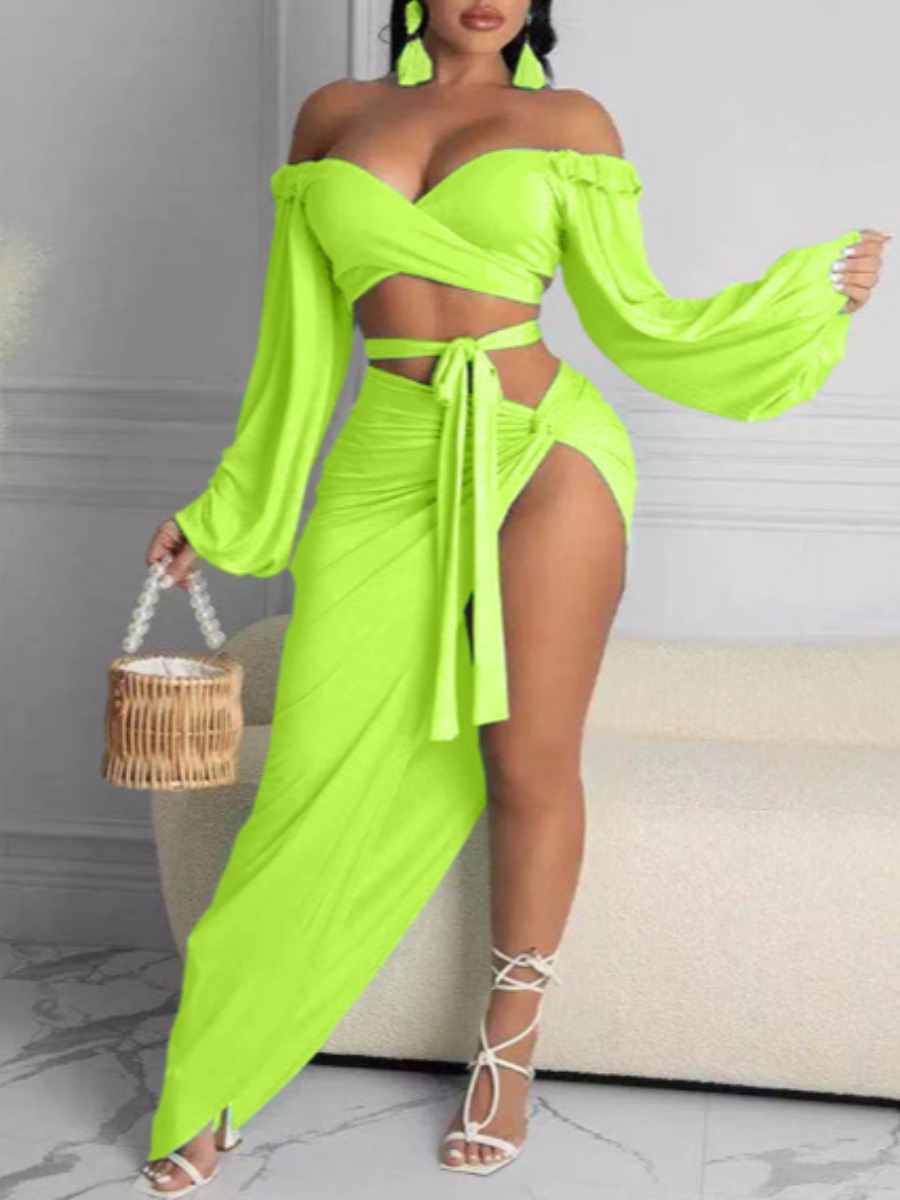 

LW SXY Off the Shoulder Bandage Design Split Green Two Piece Skirt Set