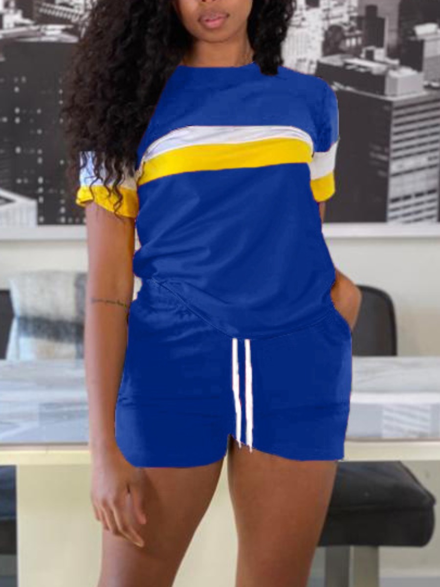 

Lovely Sporty Striped Drawstring Blue Two Piece Shorts Set