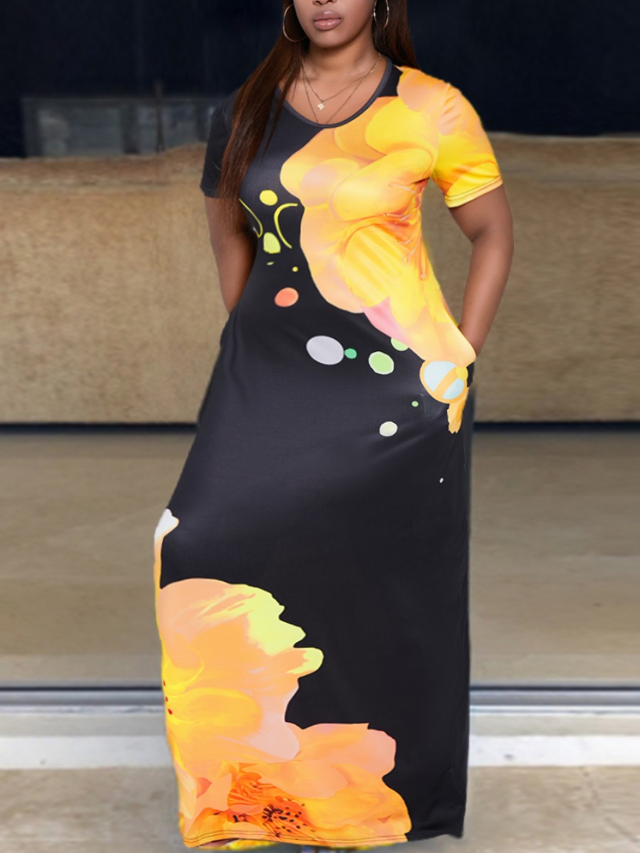 

Lovely Casual O Neck Floral Print Yellow Floor Length Plus Size Dress