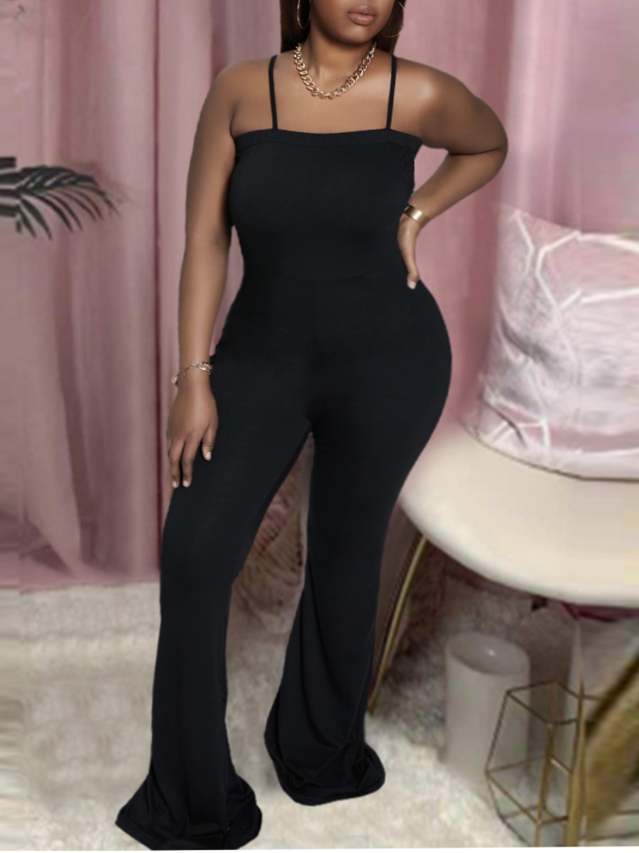 

Lovely Sweet Spaghetti Strap Flared Black Plus Size One-piece Jumpsuit