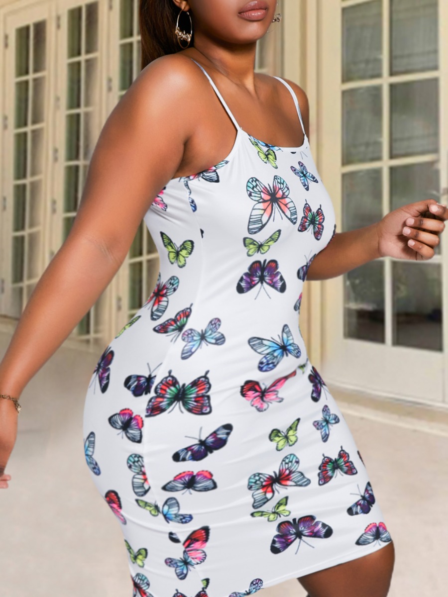 

Lovely Casual Spaghetti Strap Butterfly Print White Knee Length Plus Size Dress