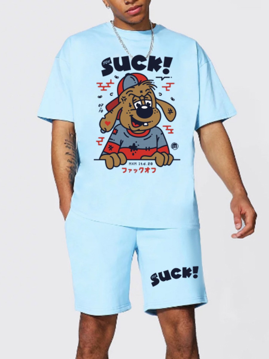 

Lovely Men Casual Cartoon Letter Print Canal Blue Two Piece Shorts Set