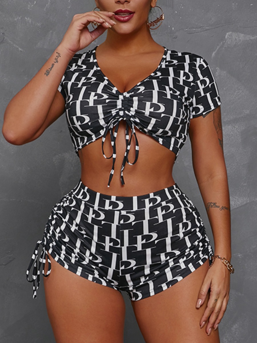 

Lovely Casual Letter Print Drawstring Black Two Piece Shorts Set