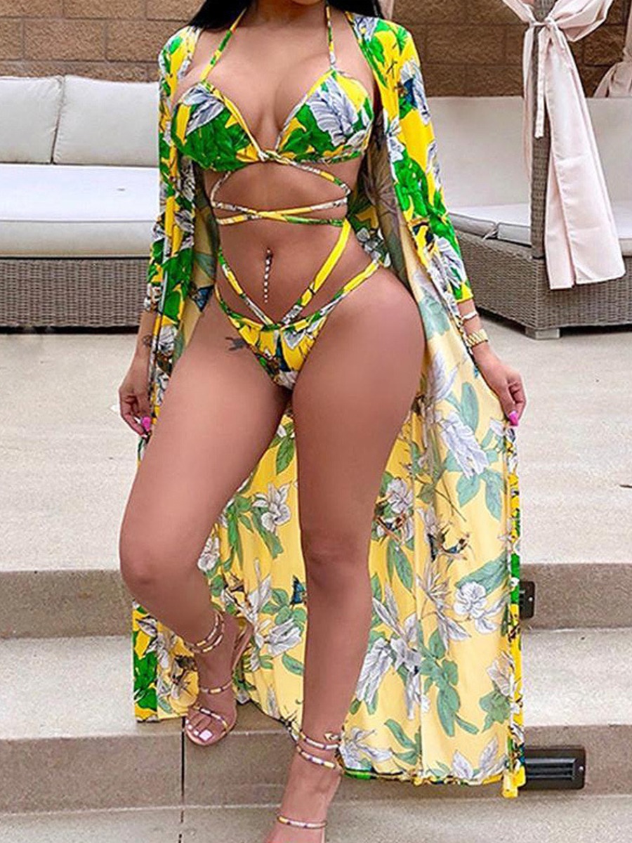 

Lovely Boho Floral Print Bandage Design Yellow Three-piece Swimsuit
