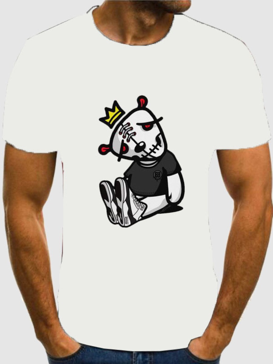 

Lovely Men Casual O Neck Cartoon Print White T-shirt