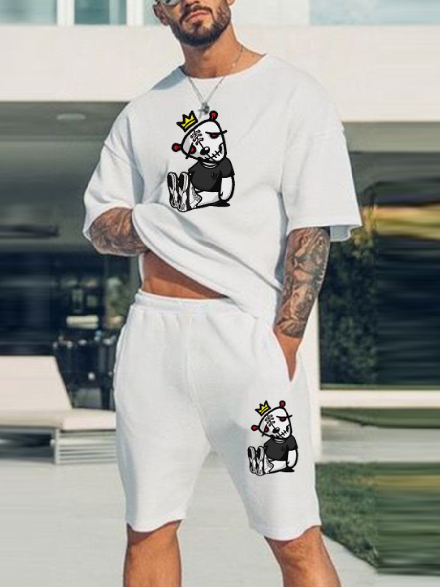

Lovely Men Casual O Neck Cartoon Print White Two Piece Shorts Set