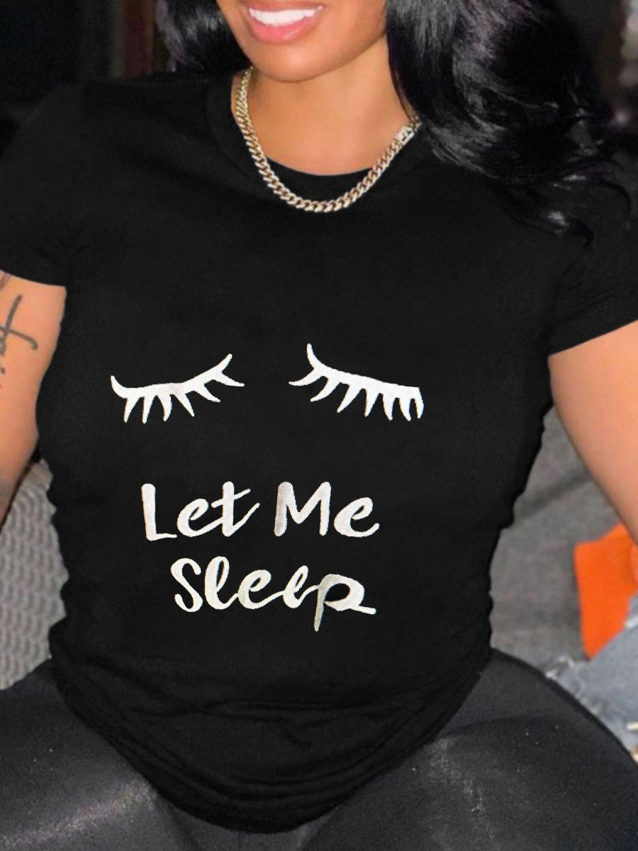 

Lovely Plus Size Street O Neck Letter Print White T-shirt, Black