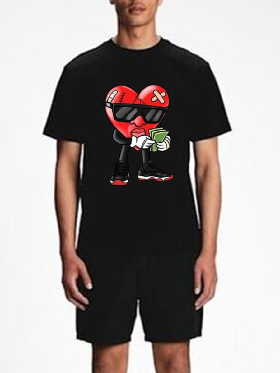 

Lovely Men Casual O Neck Cartoon Print Black Two Piece Shorts Set
