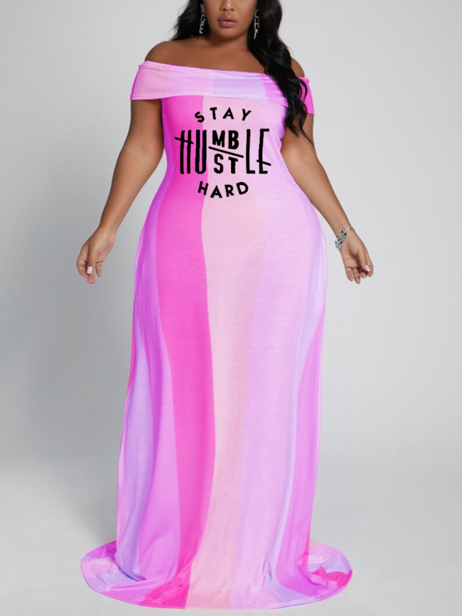 

LW Boho Fold-over Letter Print Striped Purple Trailing Plus Size Dress